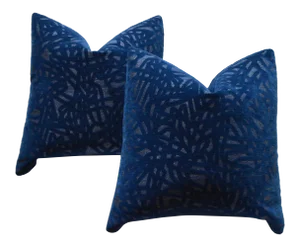 Custom 22" Navy Patterned Velvet Pillows - a Pair