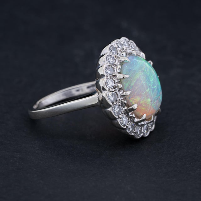 Metal Vintage Australian Opal Diamond Halo Ring 14k White Gold Circa 1910 Size 5.25 For Sale - Image 7 of 11