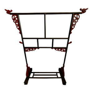 Early 20th Century Chinese Carved Wood Robe Garment Display Rack Dragon Heads Black & Red Paint