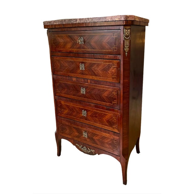French 19th C. French Transitional 5-Drawer Chest With Brocatelle Jaune Marble Top For Sale - Image 3 of 13