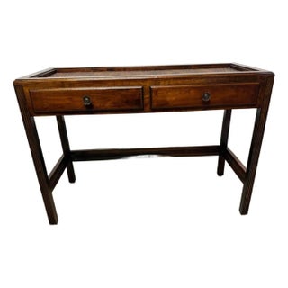 Vintage Chinioiserie Style Glass Rattan Top 2 Tier Console Table Desk For Sale