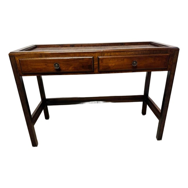 Vintage Chinioiserie Style Glass Rattan Top 2 Tier Console Table Desk For Sale