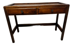 Vintage Chinioiserie Style Glass Rattan Top 2 Tier Console Table Desk