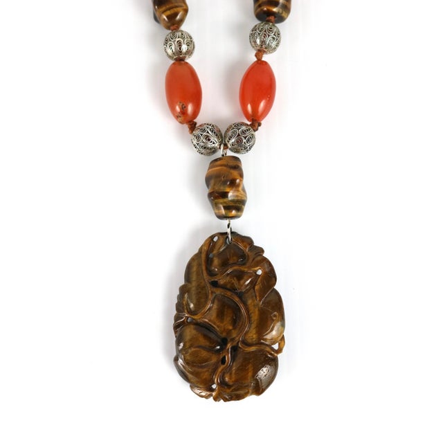 Mid 20th Century Sterling, Carnelian & Tiger Eye Beads Carved Pendant Necklace For Sale - Image 4 of 9