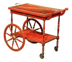 Early 20th Century French Painted Red and Gilt Bar Cart with Chinoiserie Motifs