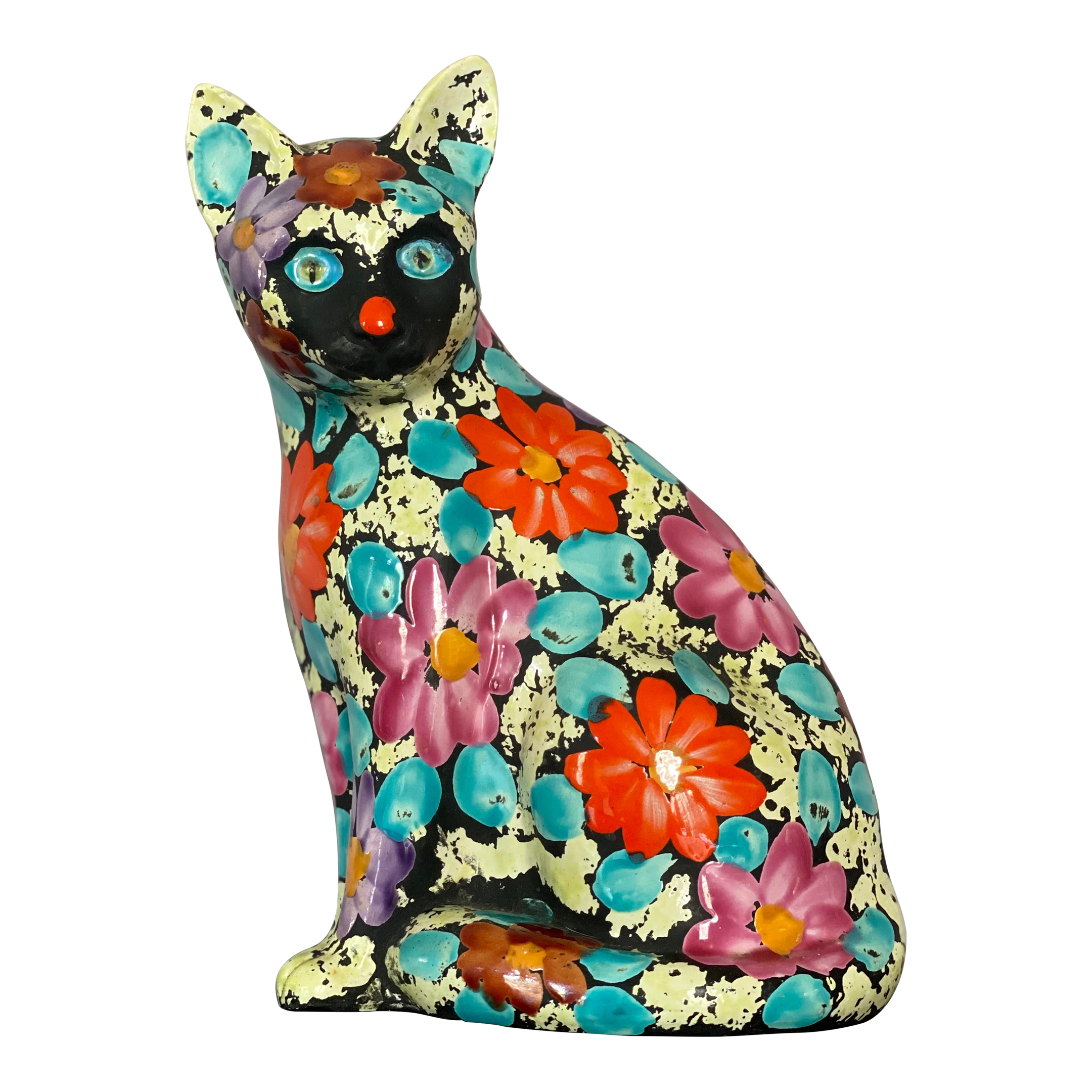 1960s Mid Century Alvino Bagni Large Flowered Cat Bank Figurine