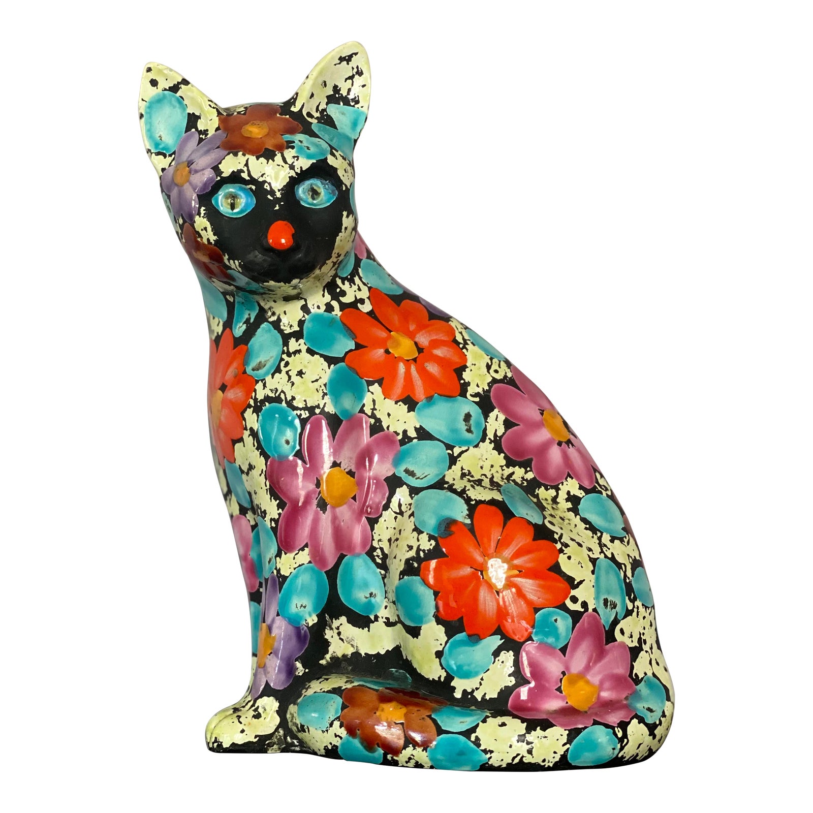 1960s Mid Century Alvino Bagni Large Flowered Cat Bank Figurine