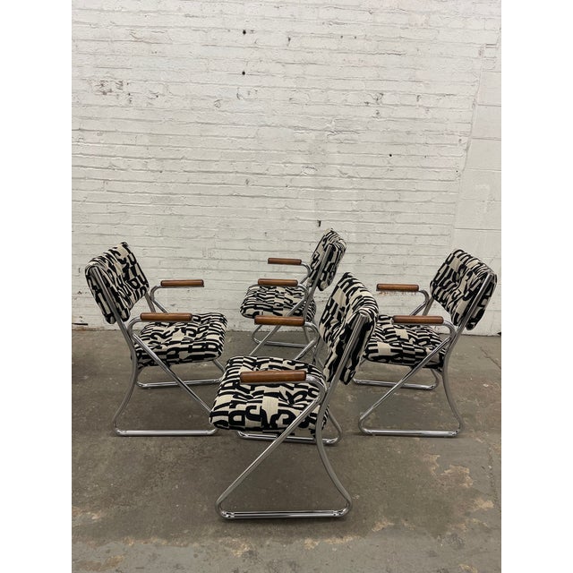 Daystrom Set of 4 Vintage 1970’s Daystrom Chrome Tubular Dining Chairs With Wooden Armrests For Sale - Image 4 of 14