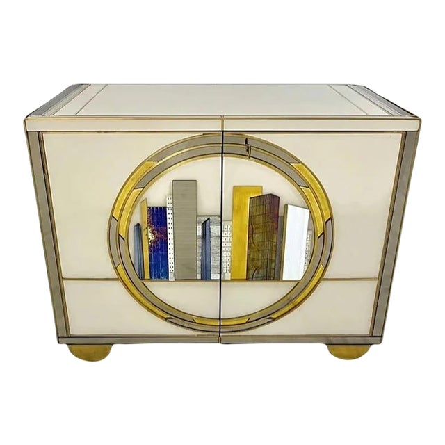 Italian Art Deco Style Cabinet / Server With New York Skyline Glass Decoration For Sale