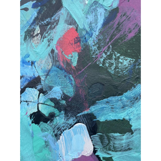 "Beach Days" Large Coastal Modern Statement Painting in Aqua and Teal With Magenta Accents For Sale - Image 4 of 13