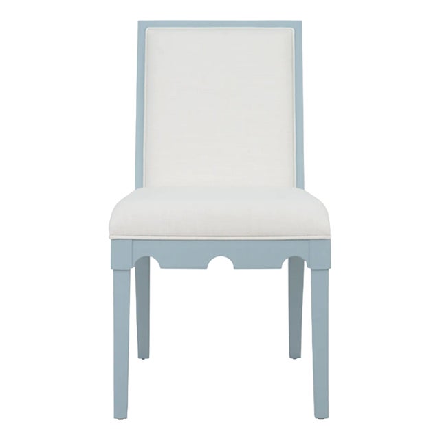 Matthew Izzo Home - Lanister Light Blue Matte Lacquer Square Back Dining Chair With Performance Linen Back & Seat For Sale