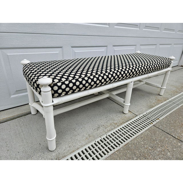 Ficks Reed White and Black Rattan Bamboo and Reed Upholstered Bench For Sale - Image 4 of 18