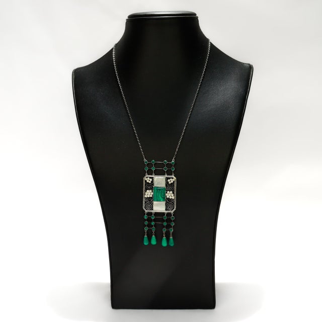 Antique Theodor Fahrner Sterling Silver, Malachite, & Pearl Jugendstil Necklace For Sale In Philadelphia - Image 6 of 17
