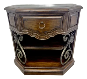 1990s Marge Carson Segovia Collection Wrought Iron Rustic Marble Top Nightstand