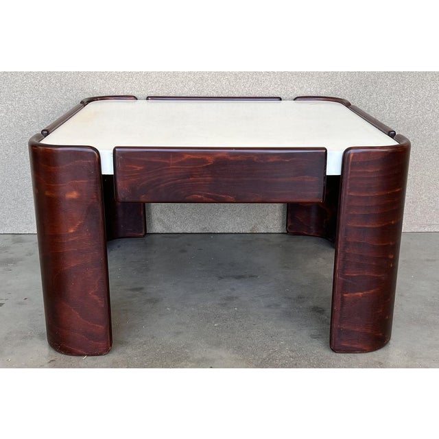Elegant pair of mahogany coffee tables with white top in style of Afra & Tobia Scarpa for Cassina. Rectangular table :...