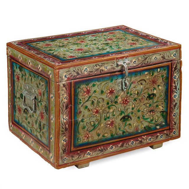 Brown Indian Green Painted Wooden Chest, 1940s For Sale - Image 8 of 8