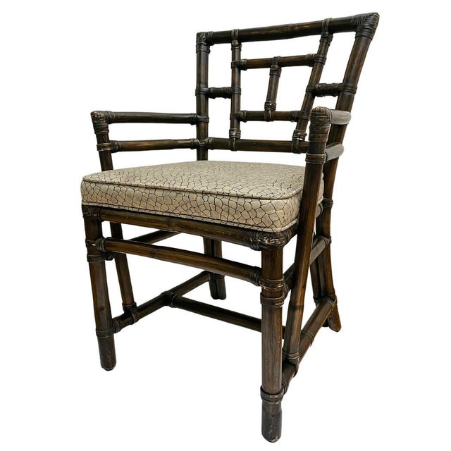 Mid-Century Modern Vintage McGuire Chinese Chippendale Leather Wrapped Rattan Armchairs - A Pair For Sale - Image 3 of 10
