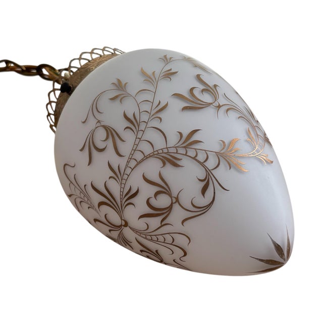 Mid-Century Modern Vintage Hollywood Regency MCM Brass Gold Crown Frosted Glass Almond Shape Pendant Lights For Sale - Image 3 of 10