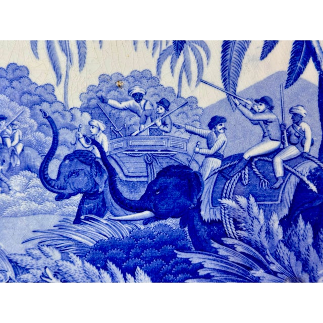 Early 19th Century 1815 Large Blue and White Spode Transferware Platter "Shooting a Leopard" For Sale - Image 5 of 12