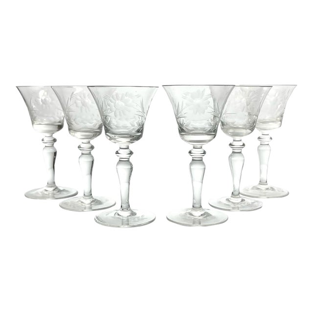 1950s Etched Flower Cordial Liquor Wine Glasses - Set of 6 For Sale