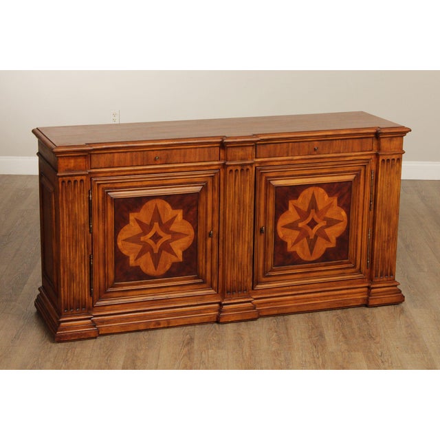 High Quality Carved Server Buffet with Marquetry Inlaid Cabinet Doors and Pair of Dovetailed Drawers