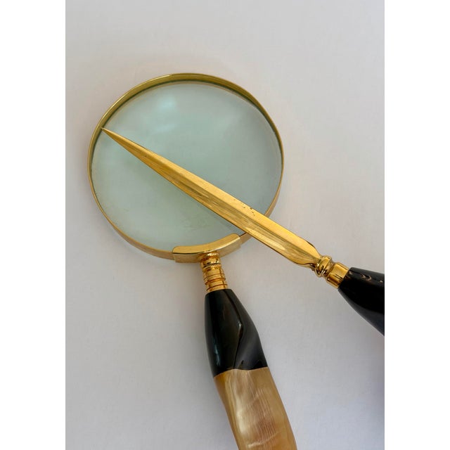 1970s Vintage Hollywood Regency Horn & Brass Magnifying Glass & Letter Opener Desk Set For Sale - Image 9 of 9