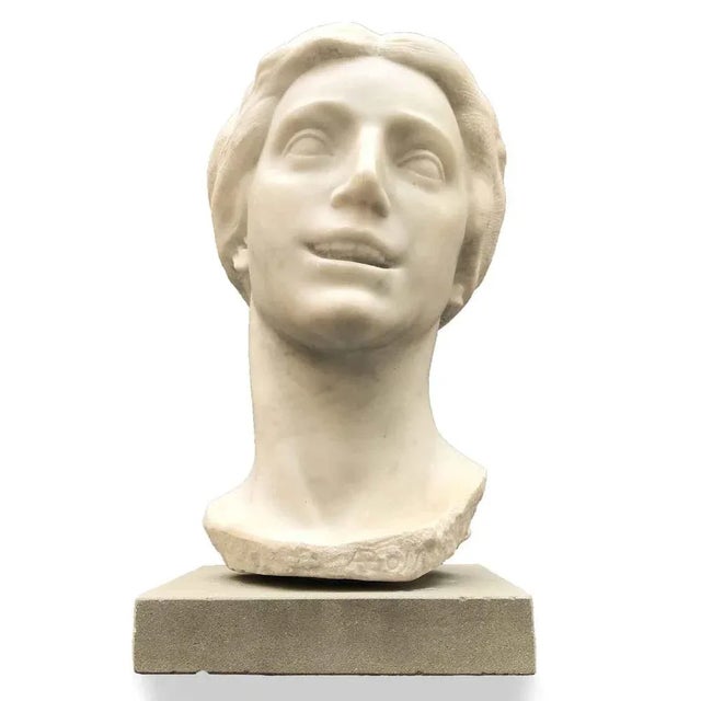 Aurelio Bossi, Bust of a Woman, 1920s-1940s, White Marble For Sale - Image 6 of 10