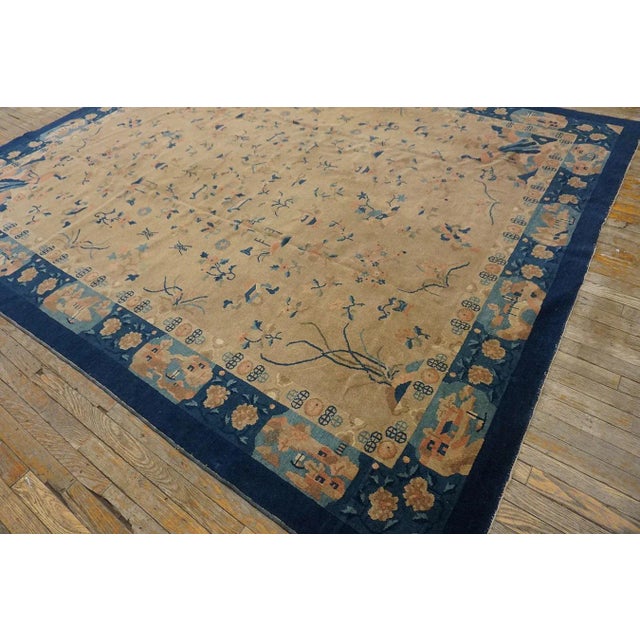 1920s Camel Floral Geometric Antique Chinese Peking Carpet 8'2" X 9'9" Handknotted Wool Rug For Sale In New York - Image 6 of 12