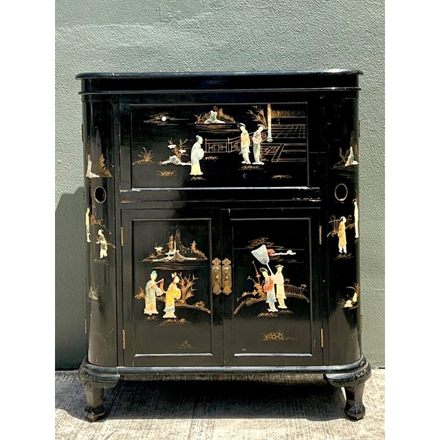 Mid-Century Modern Vintage Black Lacquered Chinoiserie Dry Bar For Sale - Image 3 of 12