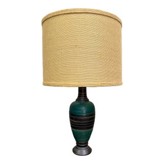 Vintage Mid Century Ceramic Table Lamp Teal Green Banded Burlap Shade For Sale