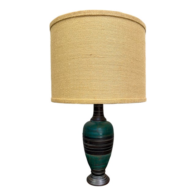 Vintage Mid Century Ceramic Table Lamp Teal Green Banded Burlap Shade For Sale