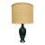 Vintage Mid Century Ceramic Table Lamp Teal Green Banded Burlap Shade For Sale