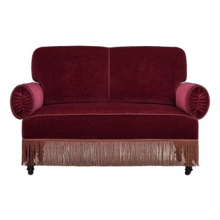 Danish 2-Seater Drop Arm and Back Sofa in Cherry-Red Velour, 1950s For Sale