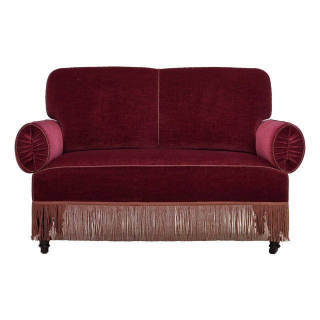 Danish 2-Seater Drop Arm and Back Sofa in Cherry-Red Velour, 1950s For Sale