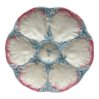 19th Century Majolica Pink & Blue Oyster Plate Gien For Sale