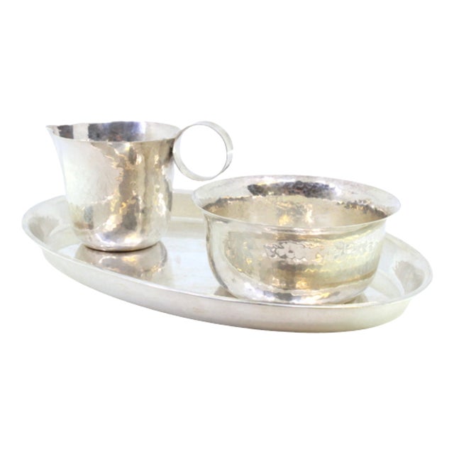Platter with Cup and Bowl in Hammered Silver, Set of 3 For Sale