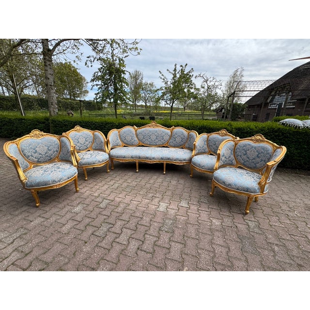 1940 Euro Artisan Louis XVI Gold Beech Damask Sofa Set-5 Pc For Sale - Image 18 of 18