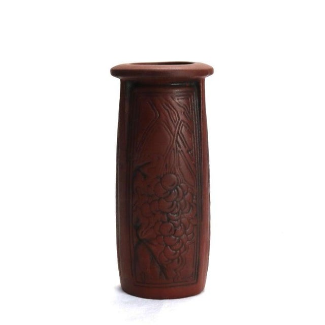 Ceramic Antique Arts & Crafts Embossed Paneled Grape & Leaf Redware Pottery Vase C1920 For Sale - Image 7 of 9