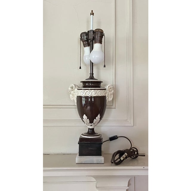 19th Century Fine Antique 19th Century Italian Creamware Urn With Goat Mask Handles Mounted as a Table Lamp For Sale - Image 5 of 15