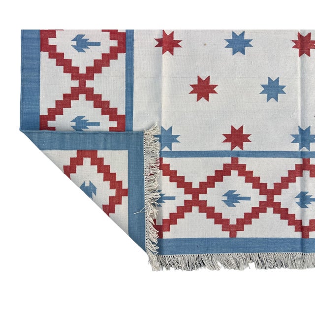 Handwoven Cotton Area Rug Vegetable Dyed Sky Blue, Cream and Terracotta Star Patterned Dhurrie - 6'x9' For Sale - Image 11 of 13