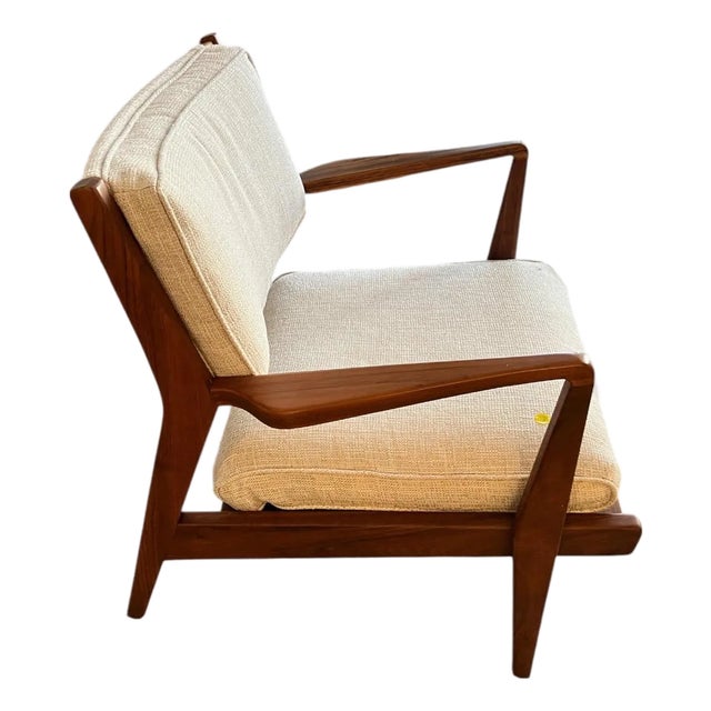 1960s Mid-Century Modern Teak Lounge Chair With New Upholstery, Angled Frame — Scandinavian Style For Sale