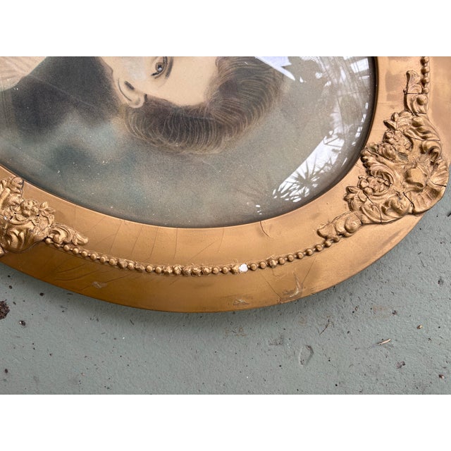 1883 Victorian Hand-Enhanced Portrait in Ornate Oval Gilt Frame With Bubble Glass For Sale - Image 10 of 12