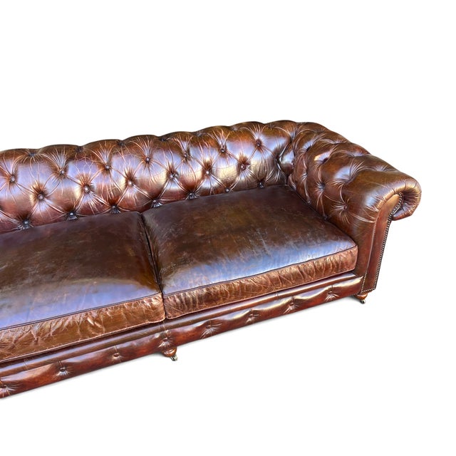Restoration Hardware Chesterfield Cognac Leather Sofa With Brass Nailhead & Casters For Sale - Image 11 of 18