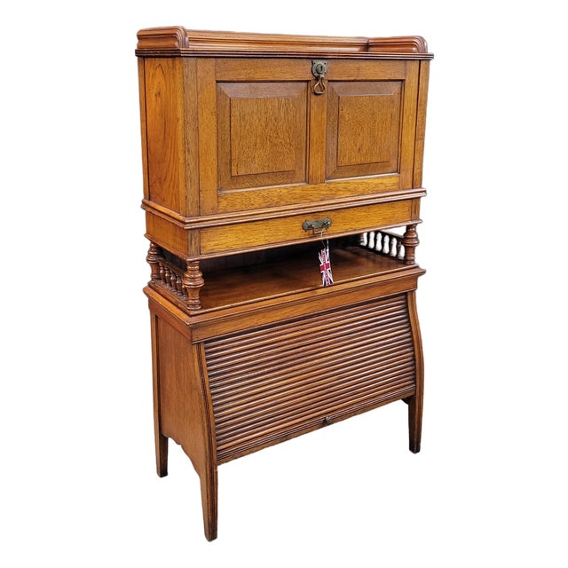Early 20th Century Oak Arts & Crafts Student Desk With Tambour Storage Cabinet For Sale