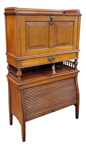 Early 20th Century Oak Arts & Crafts Student Desk With Tambour Storage Cabinet
