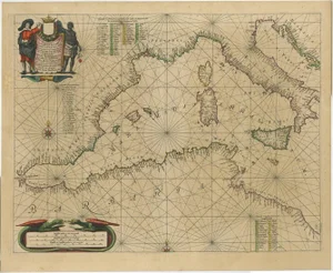 Antique Engraving of a Sea Chart of the Western Mediterranean, 1650s