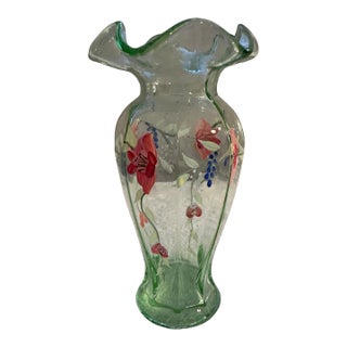 Vintage Dunbar Octagon Ruffled Rim Green Mist Hand-Painted Vase For Sale