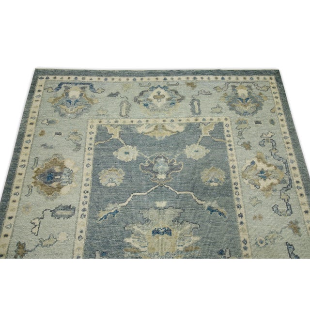 Early 21st Century Blue Floral Design Handwoven Wool Turkish Oushak Rug 4'11" X 6'7" For Sale - Image 4 of 7