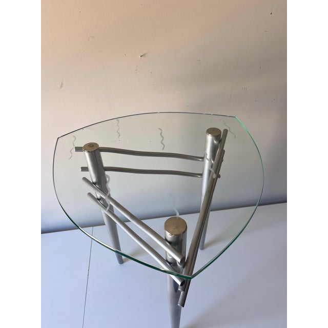 1980s 1980s Postmodern Metal Squiggle and Etched Glass Triangular Accent Table, in the Style of Will Stone For Sale - Image 5 of 8