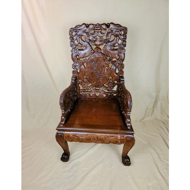 Late 19th Century Antique Chinoiserie Hand-Carved Rosewood Dragon Throne Chair With Owl Feet, Circa 1900 For Sale - Image 4 of 13
